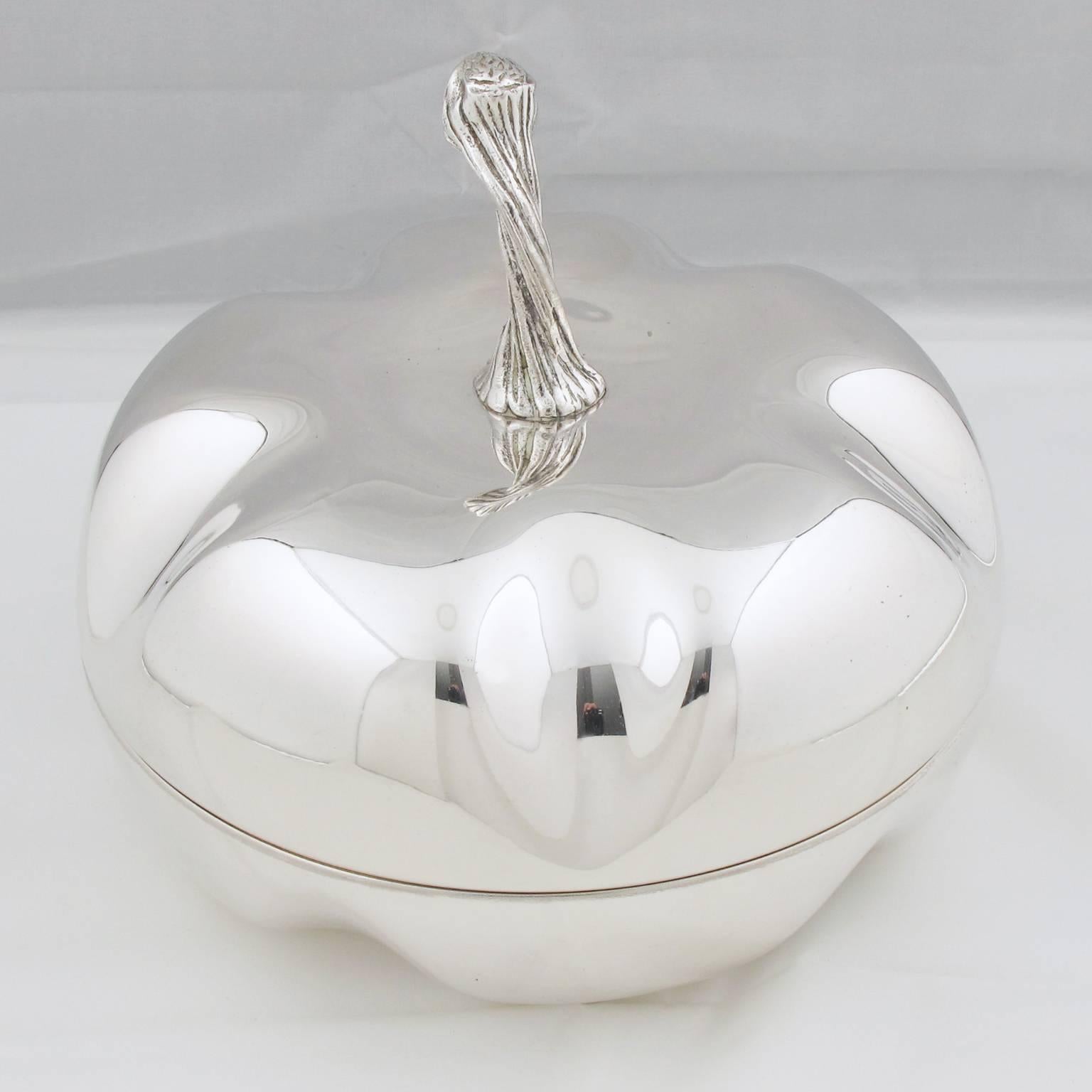 Elegant huge pumpkin shaped decorative box designed by Christian Dior for his Home Collection. This lovely large decorative lidded box is made of silver plated metal with nicely shaped design. Marked underside Christian Dior with silversmith