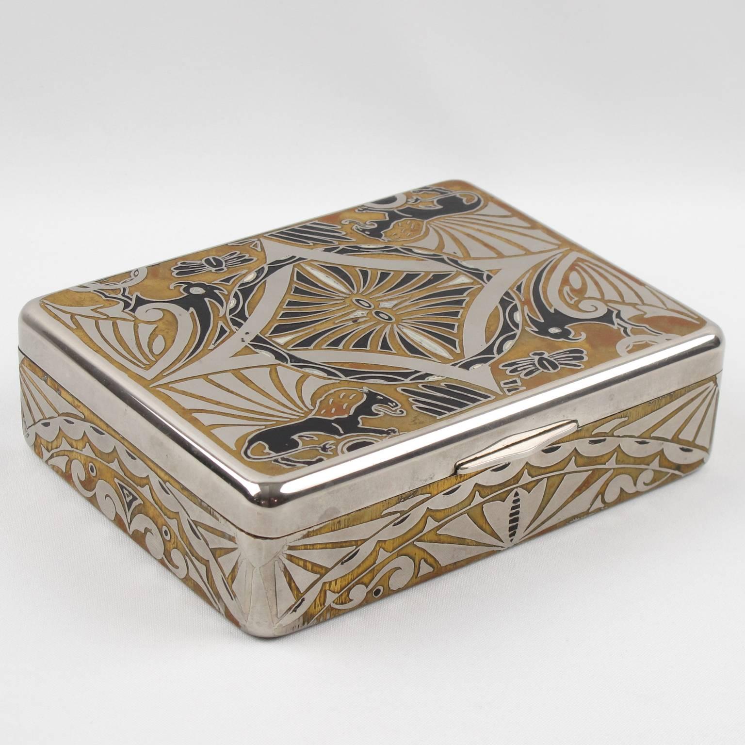 Rare vintage early 20th century brass and chrome lidded decorative box with inlaid design. Square shape with elegant modernist Jugendstil design. Polished chrome and gilt brass inlaid featuring stylized floral design with animal (lion, eagle, bee)