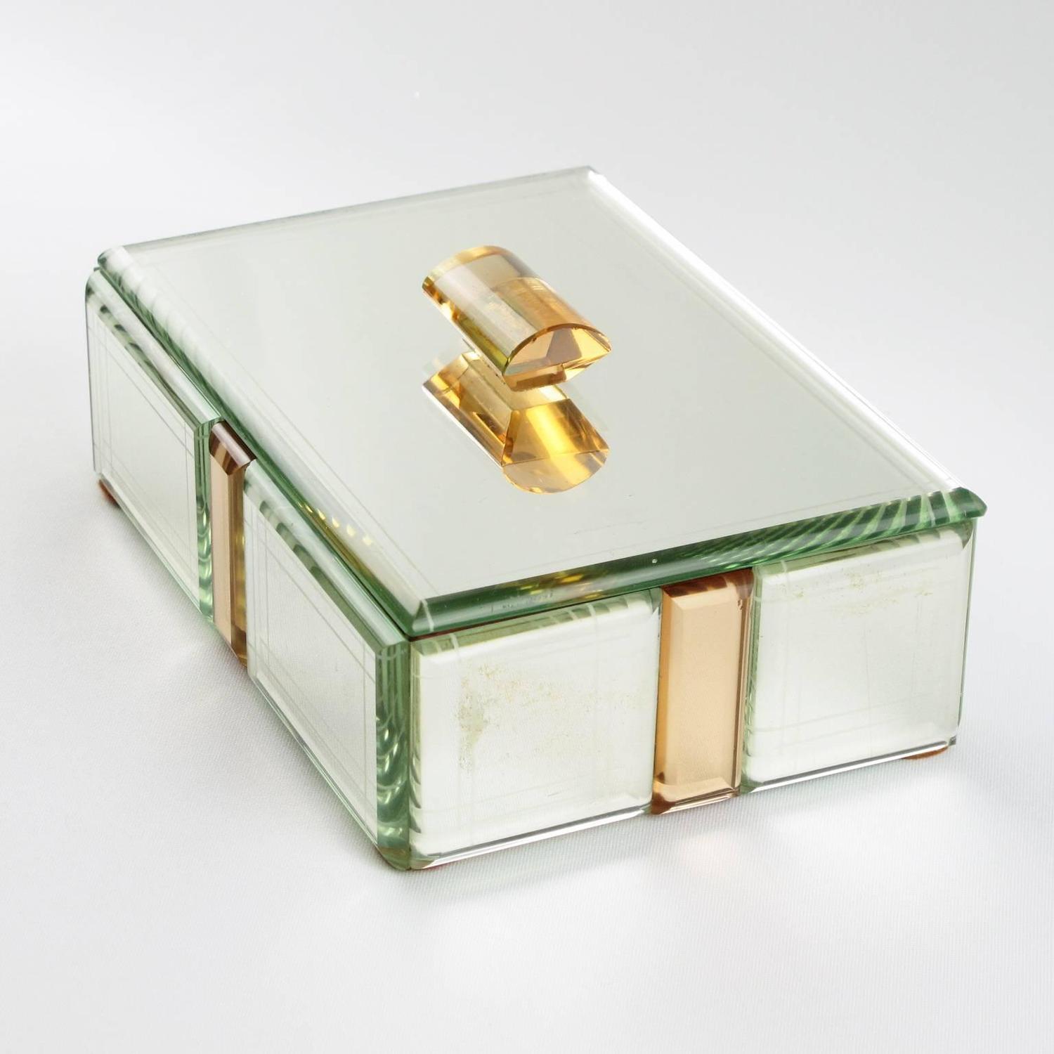 1940 French Peach and Clear Mirrored Decorative Jewelry Box at 1stdibs
