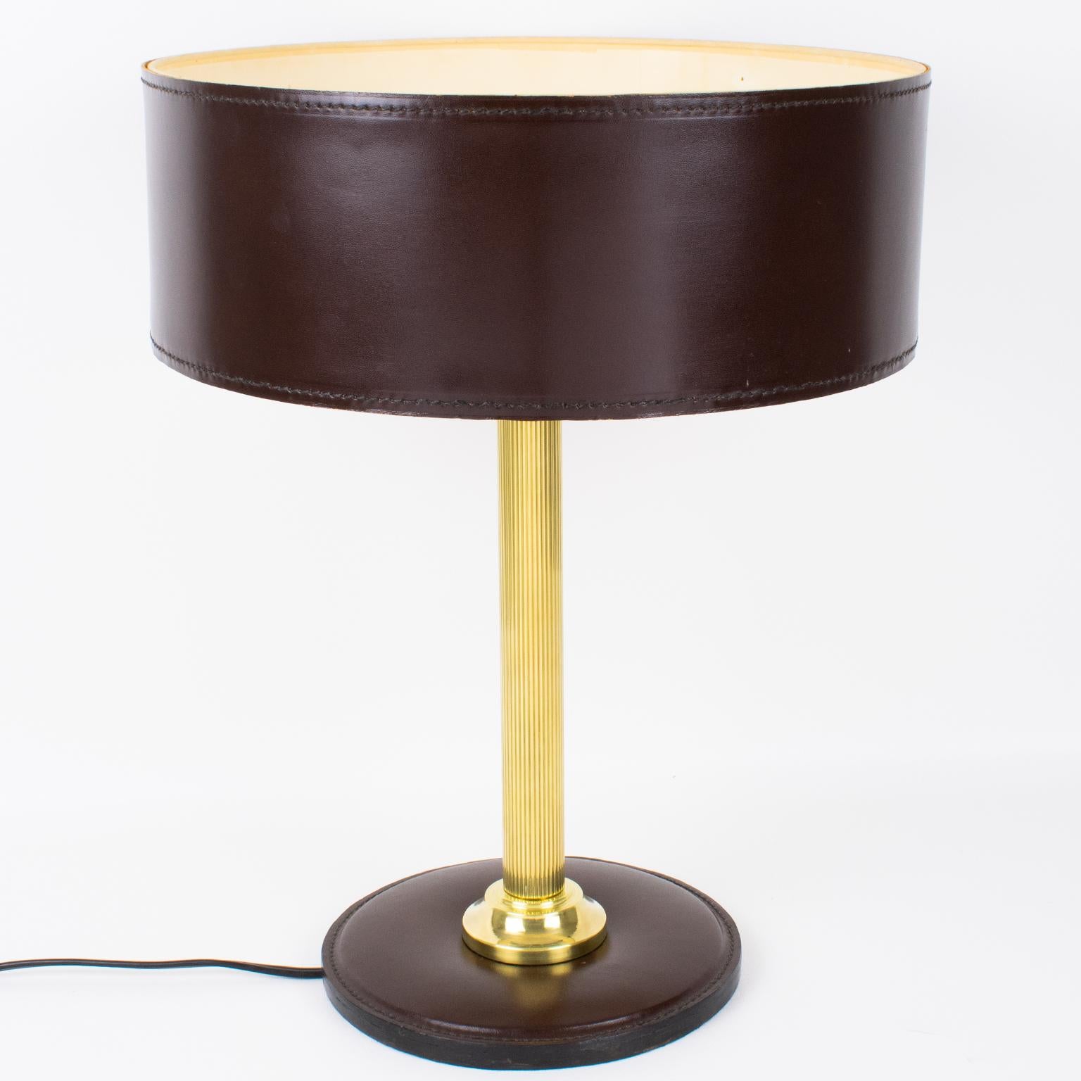 Jacques Adnet Brown Hand-Stitched Leather-Clad Table Lamp For Sale 6