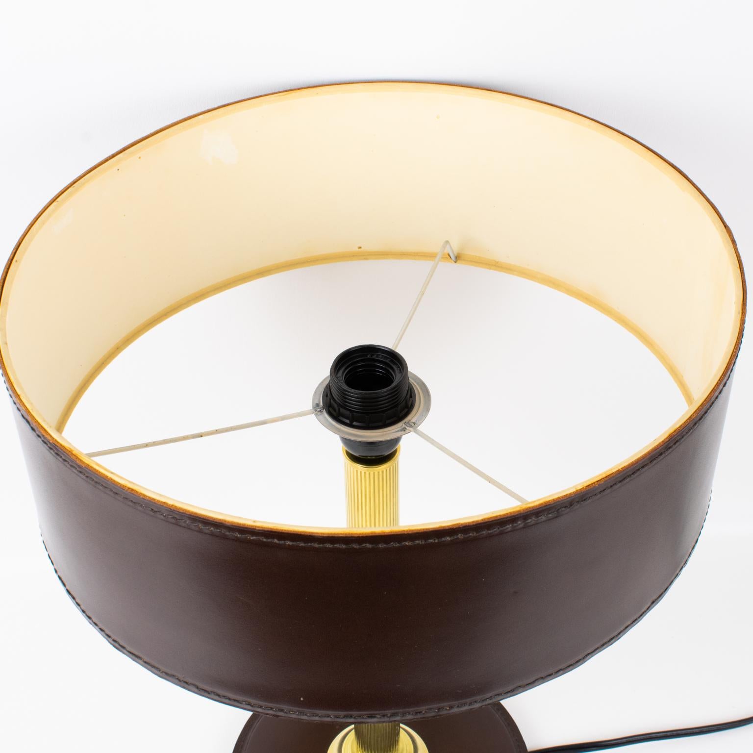 Metal Jacques Adnet Brown Hand-Stitched Leather-Clad Table Lamp For Sale