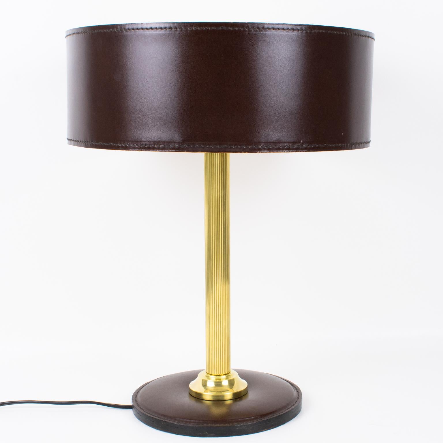 Jacques Adnet Brown Hand-Stitched Leather-Clad Table Lamp For Sale 7