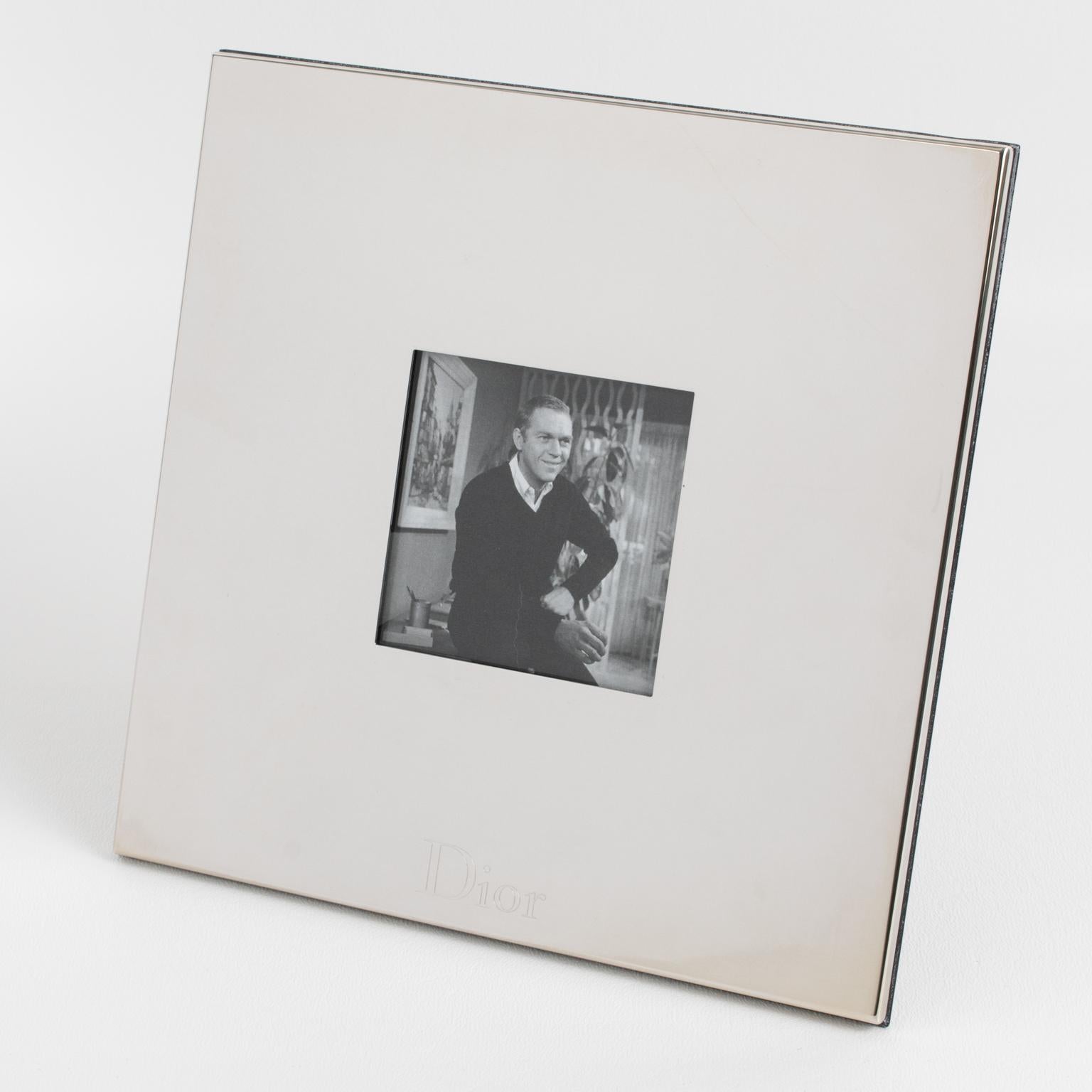 Modern Christian Dior Home Silver Plate Engraved Logo Picture Frame in Box For Sale