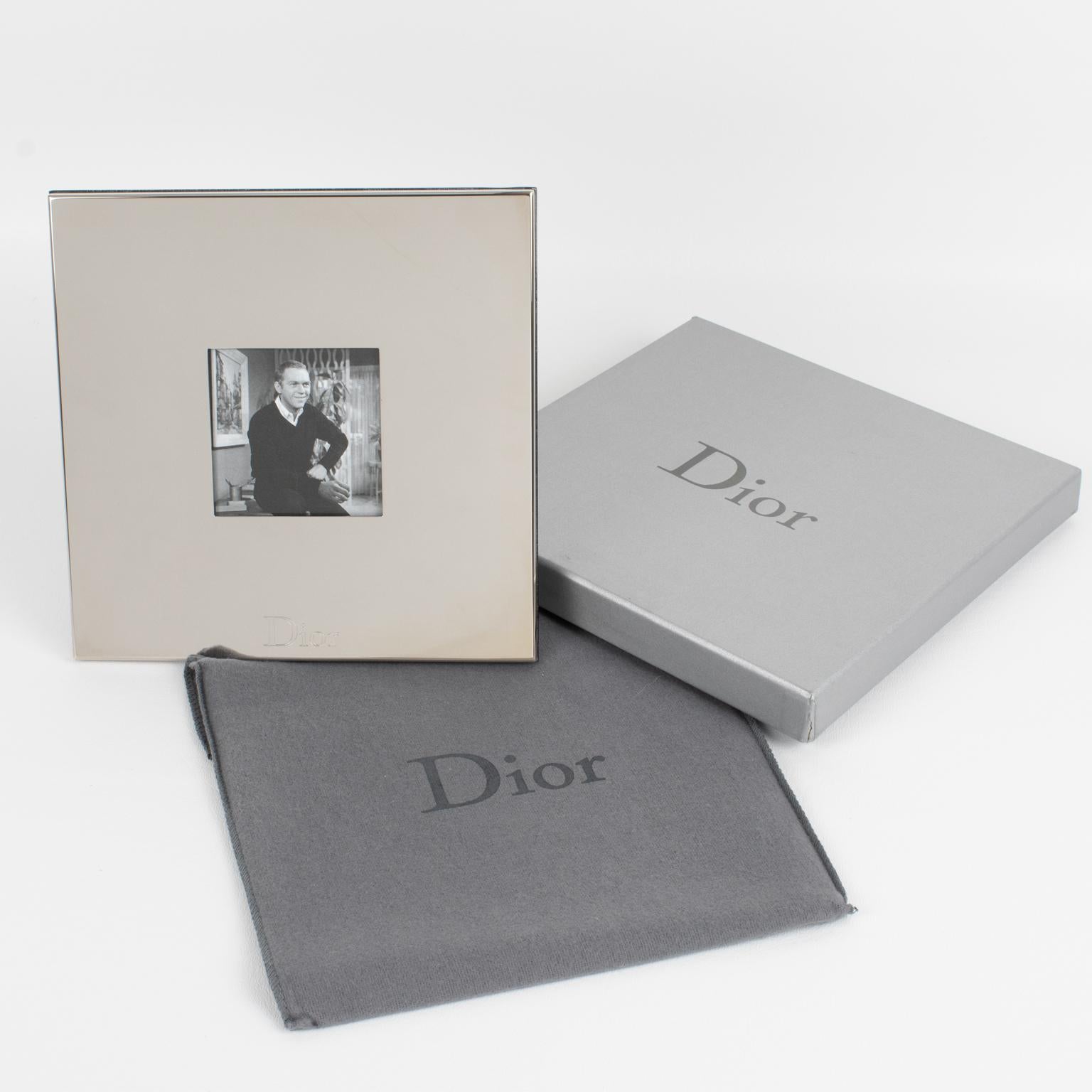 Late 20th Century Christian Dior Home Silver Plate Engraved Logo Picture Frame in Box For Sale