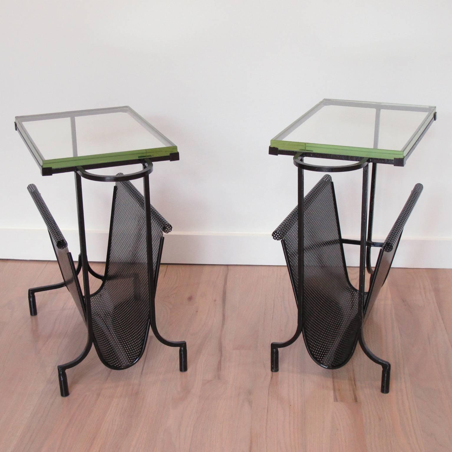 French Pair of Perforated Metal Magazine Stand Side Table by Mathieu Matégot, 1950