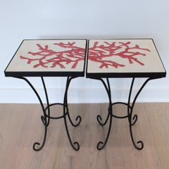 French Riviera Wrought Iron and Ceramic Tile Side Coffee Table, a pair, 1950s