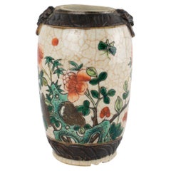 Chinese Nanking Vase, Ge Yao Crackle Ceramic with Polychrome Decor, circa 1880