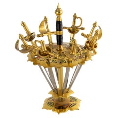 Mid-Century Brass and Enamel Barware Cocktail Picks, Spanish Swords, circa 1950