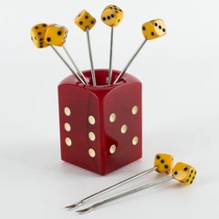 French Art Deco Red and Yellow Bakelite Dice Barware Cocktail Picks Set