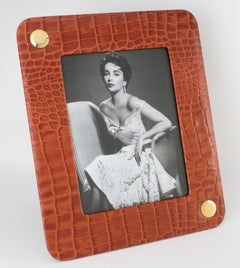 Modernist Cognac Crocodile Embossed Leather Picture Frame, circa 1960