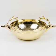 Gilded Brass Centerpiece Bowl with Stag Heads Handles, circa 1980