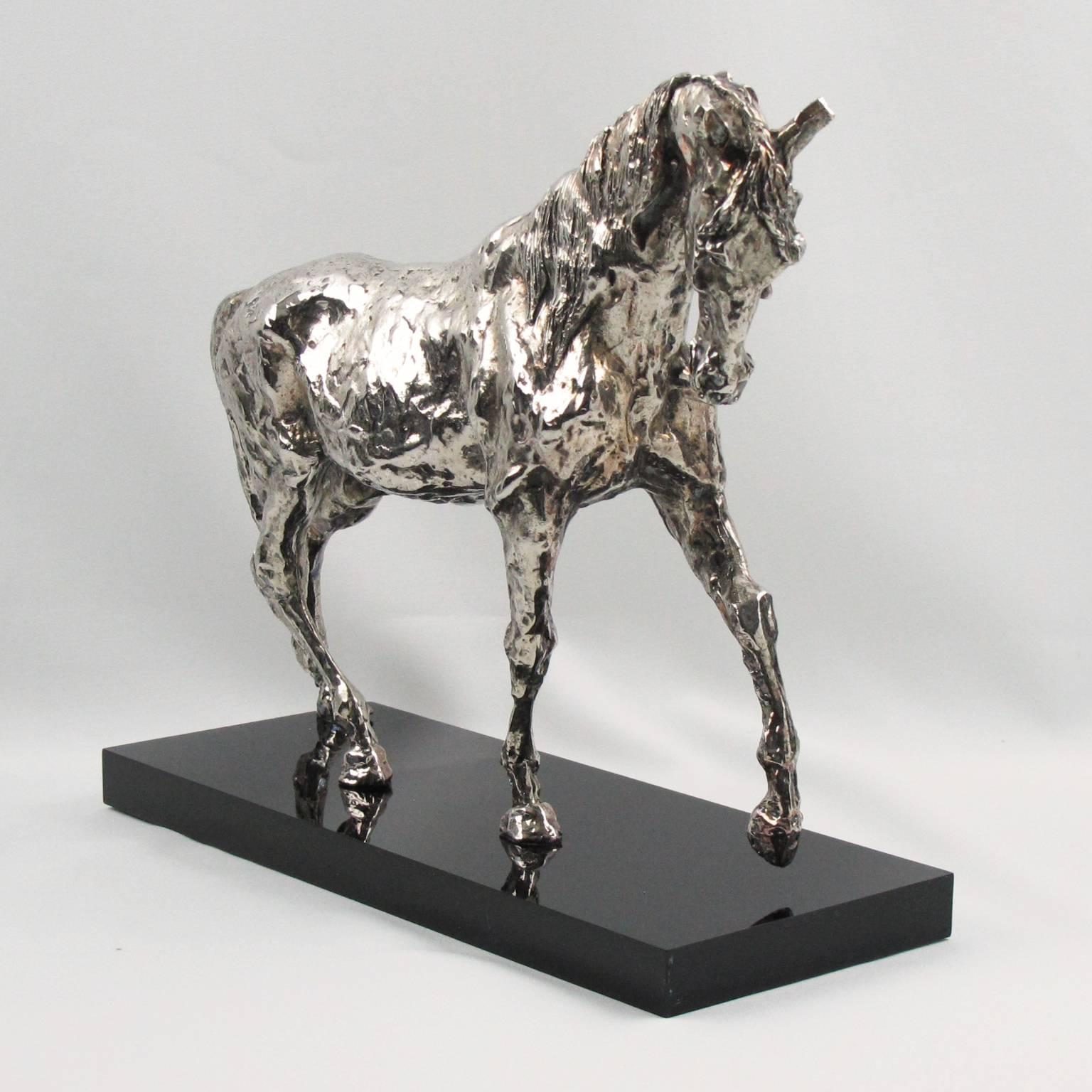 French Mid-20th Century Modernist Silver Plate Horse Sculpture