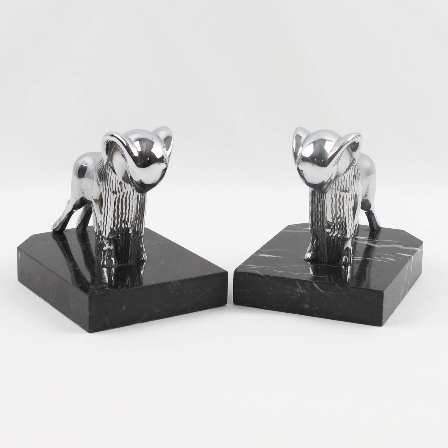 Mid-20th Century French Art Deco Chrome and Marble Ram Figural Bookends