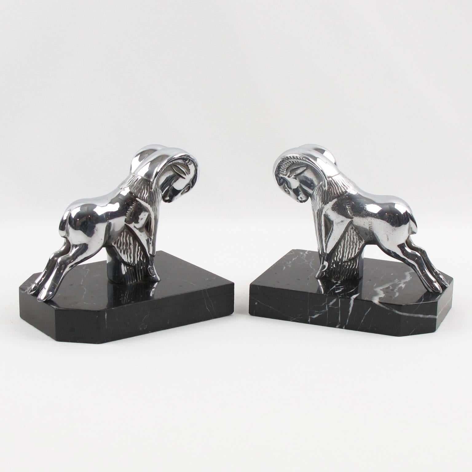 French Art Deco Chrome and Marble Ram Figural Bookends 1