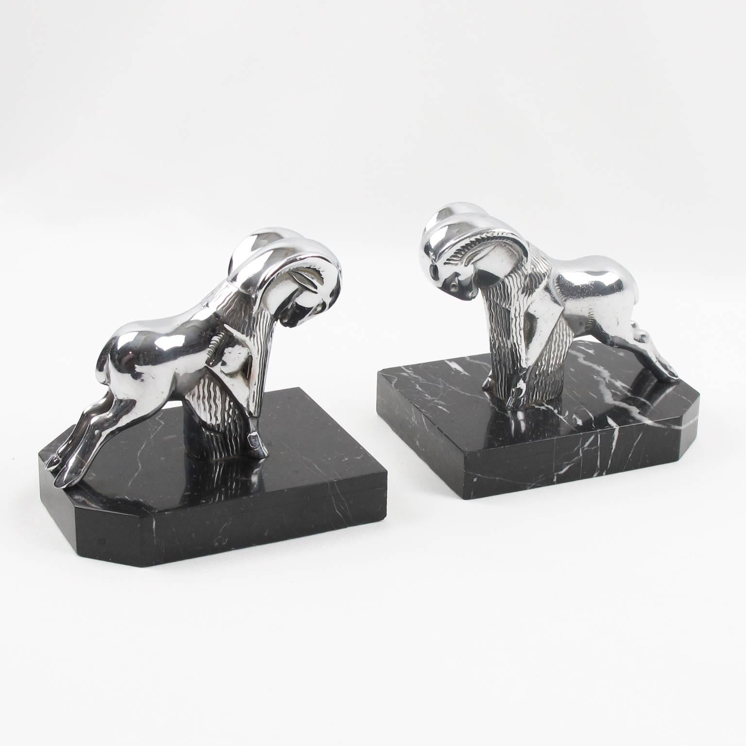 French Art Deco Chrome and Marble Ram Figural Bookends In Excellent Condition In Atlanta, GA