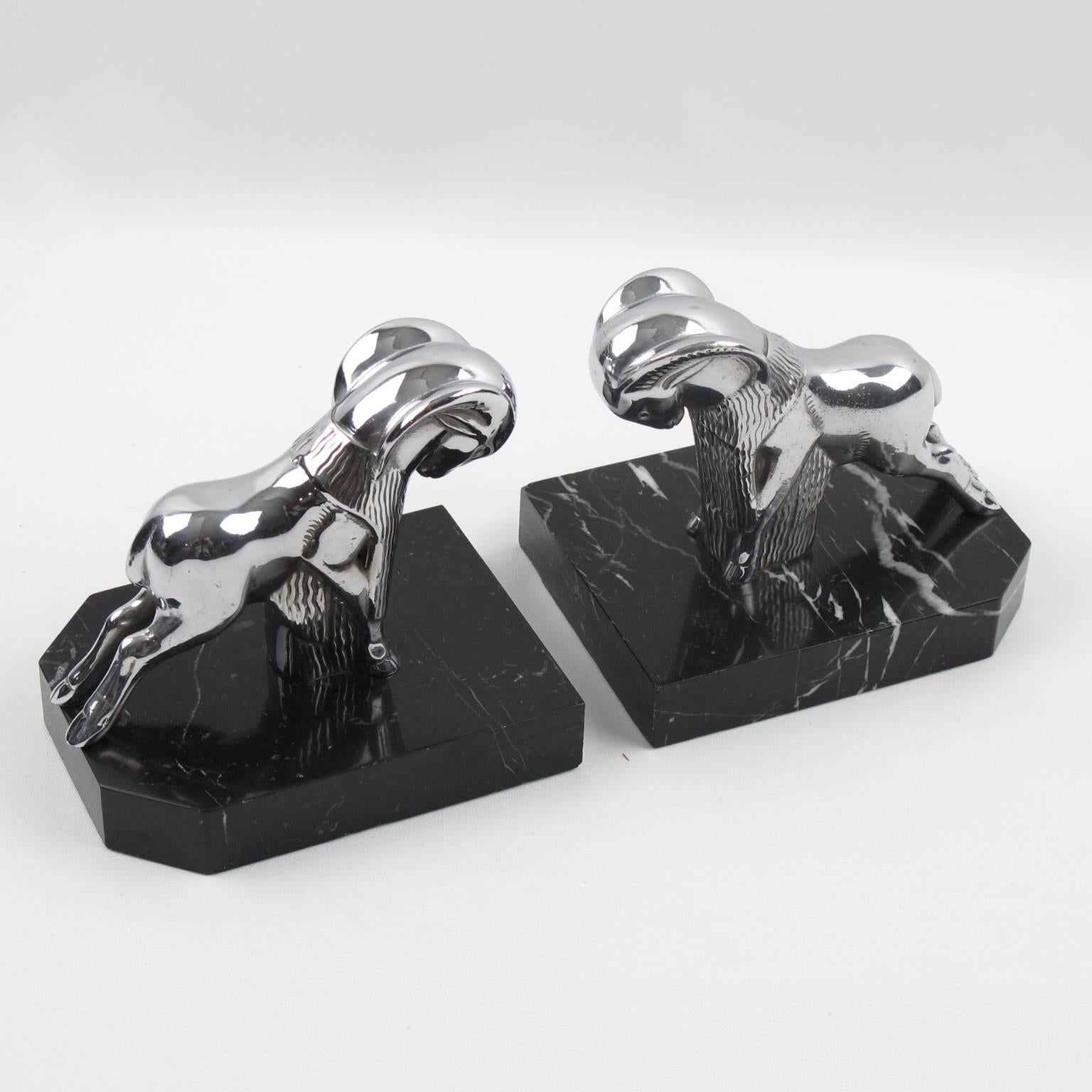 French Art Deco Chrome and Marble Ram Figural Bookends 2