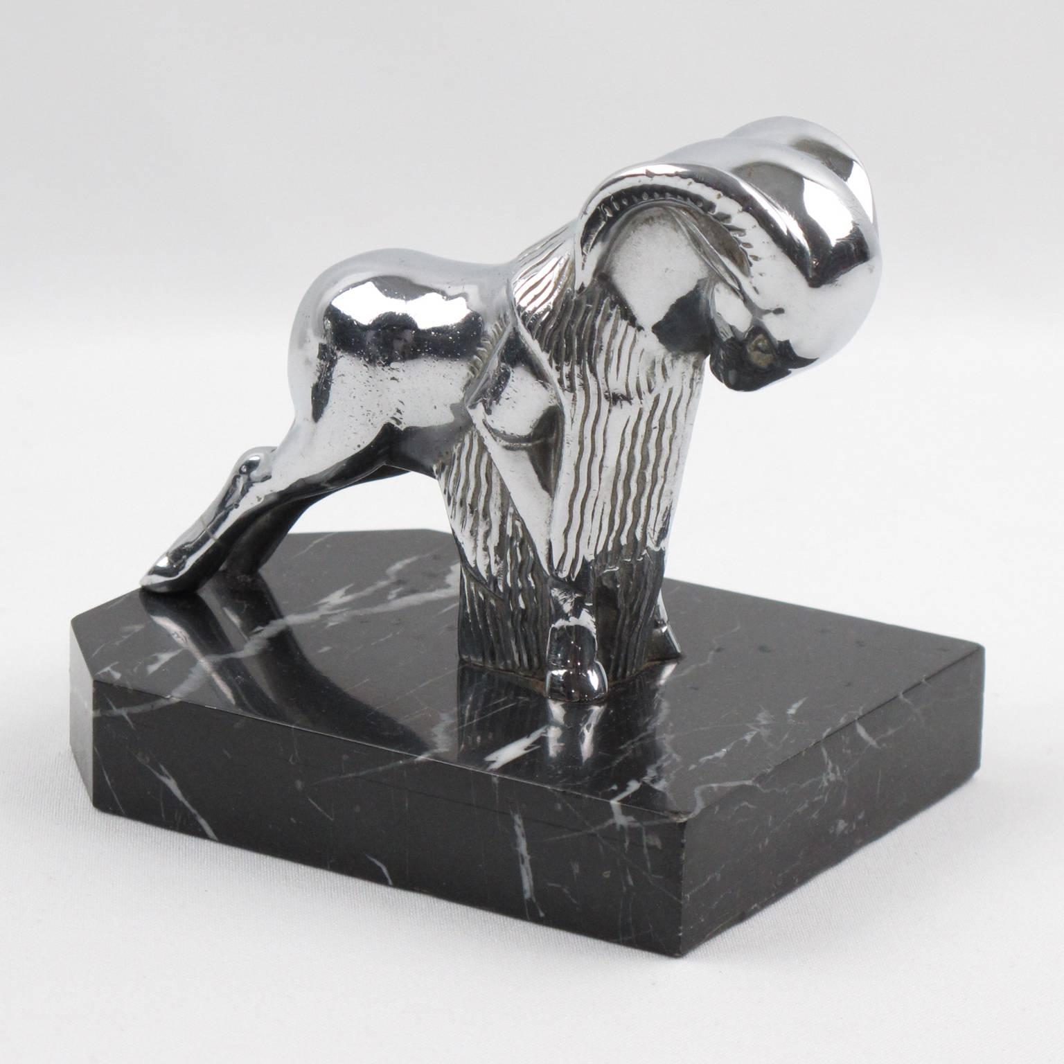 French Art Deco Chrome and Marble Ram Figural Bookends 4