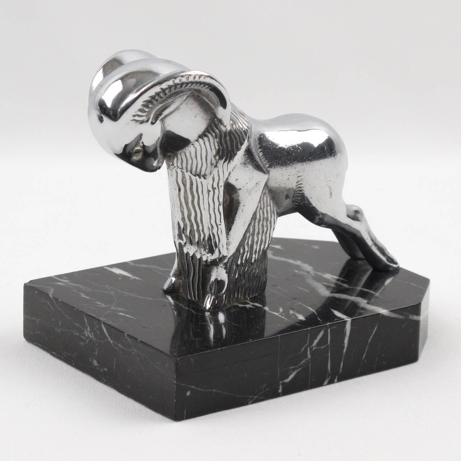 French Art Deco Chrome and Marble Ram Figural Bookends 3