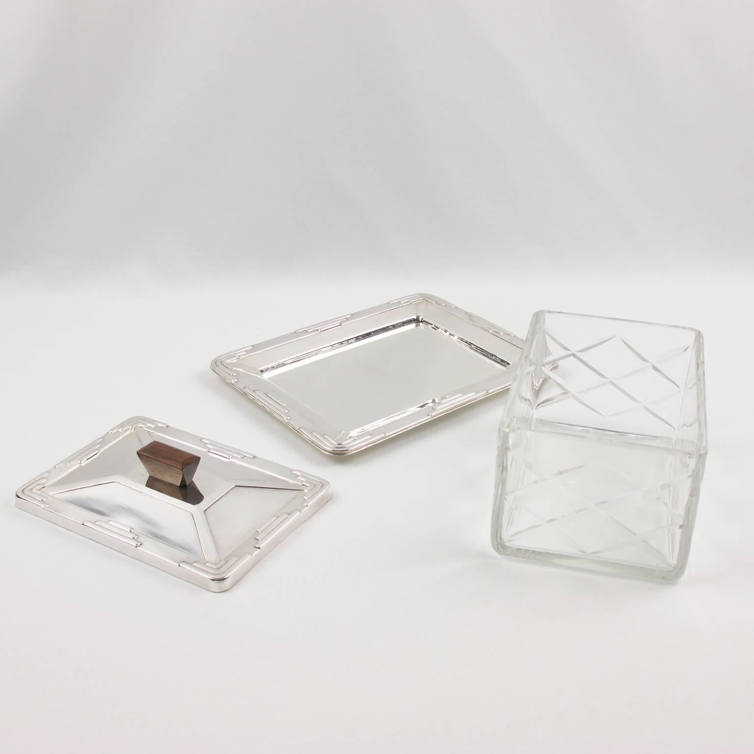 French Art Deco Silver Plate & Crystal Decorative Serving Cookie Box circa 1930s 1