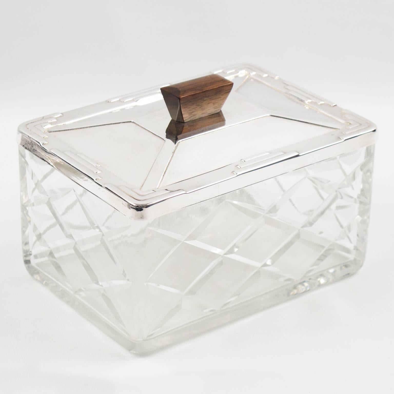 French Art Deco Silver Plate & Crystal Decorative Serving Cookie Box circa 1930s 2