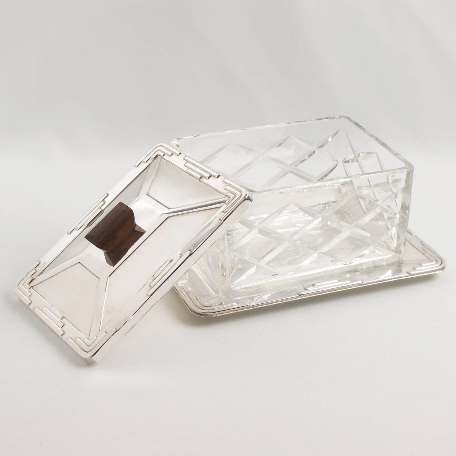Mid-20th Century French Art Deco Silver Plate & Crystal Decorative Serving Cookie Box circa 1930s