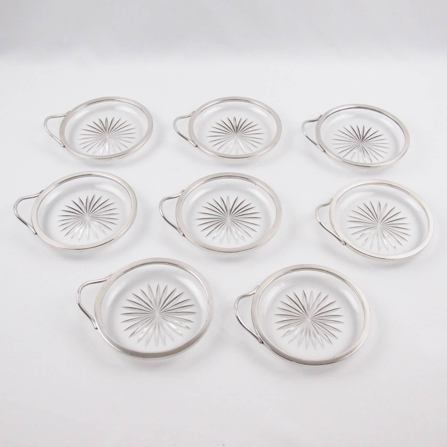 Art Deco Barware Serving Set of 8 Coasters in Silver Plate & Crystal circa 1930s 3