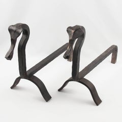 Edouard Schenck Style Pair of Wrought Iron Andirons with Seahorse Head