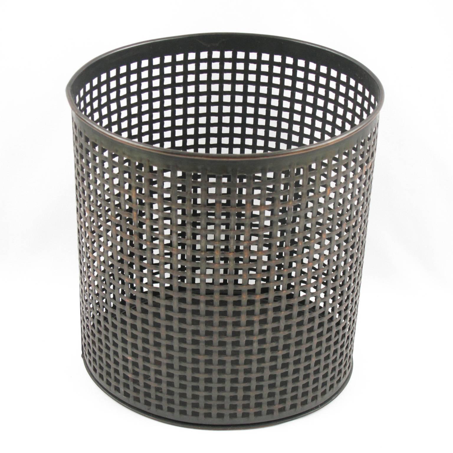 Mid-Century Modern Perforated Metal Industrial Waste Basket in the Manner of Mathieu Mategot, 1950s