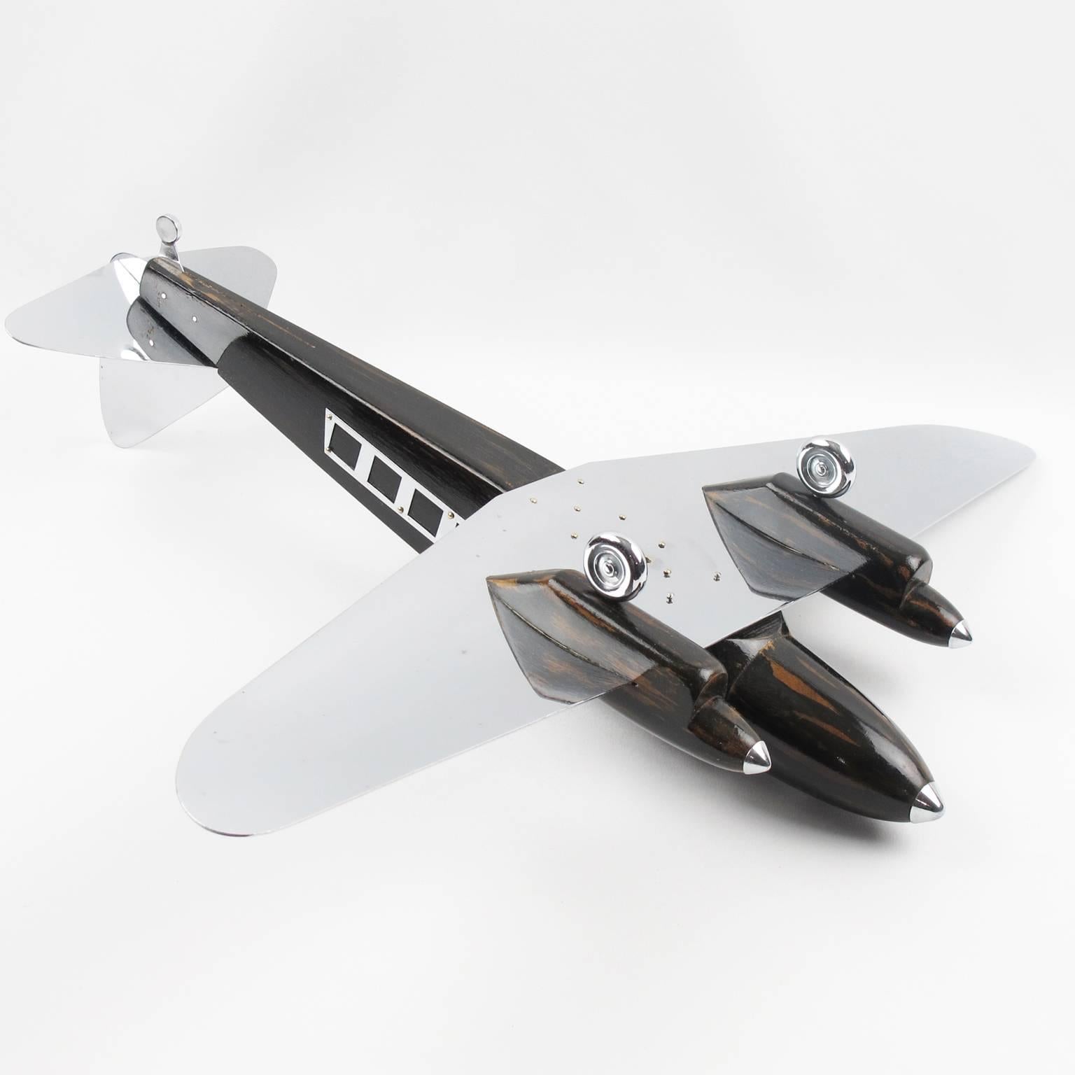 Art Deco Wooden and Chrome Airplane Aviation Model 1