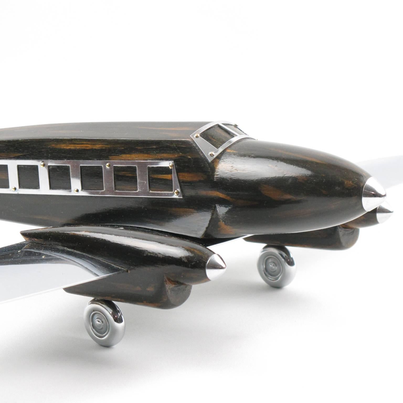 French Art Deco Wooden and Chrome Airplane Aviation Model