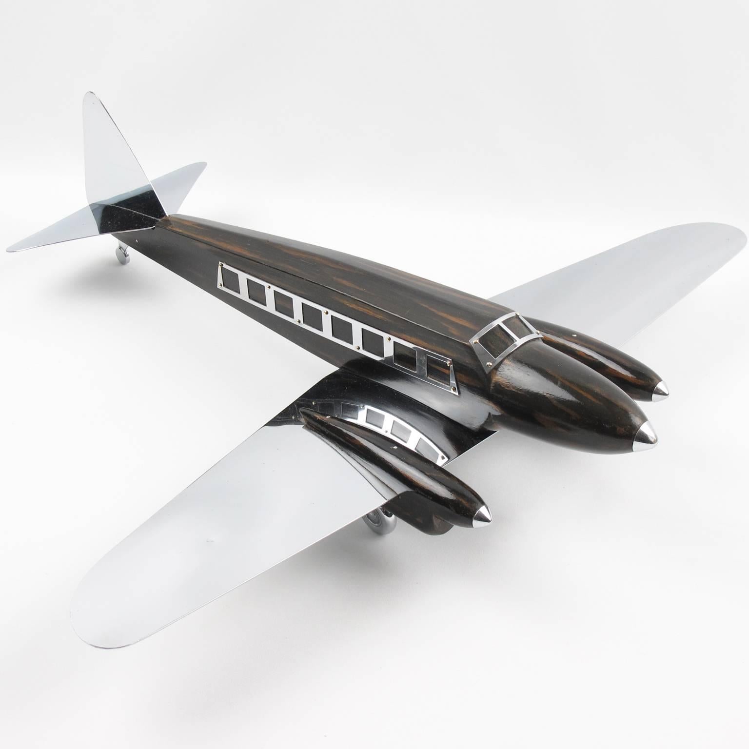 Mid-20th Century Art Deco Wooden and Chrome Airplane Aviation Model