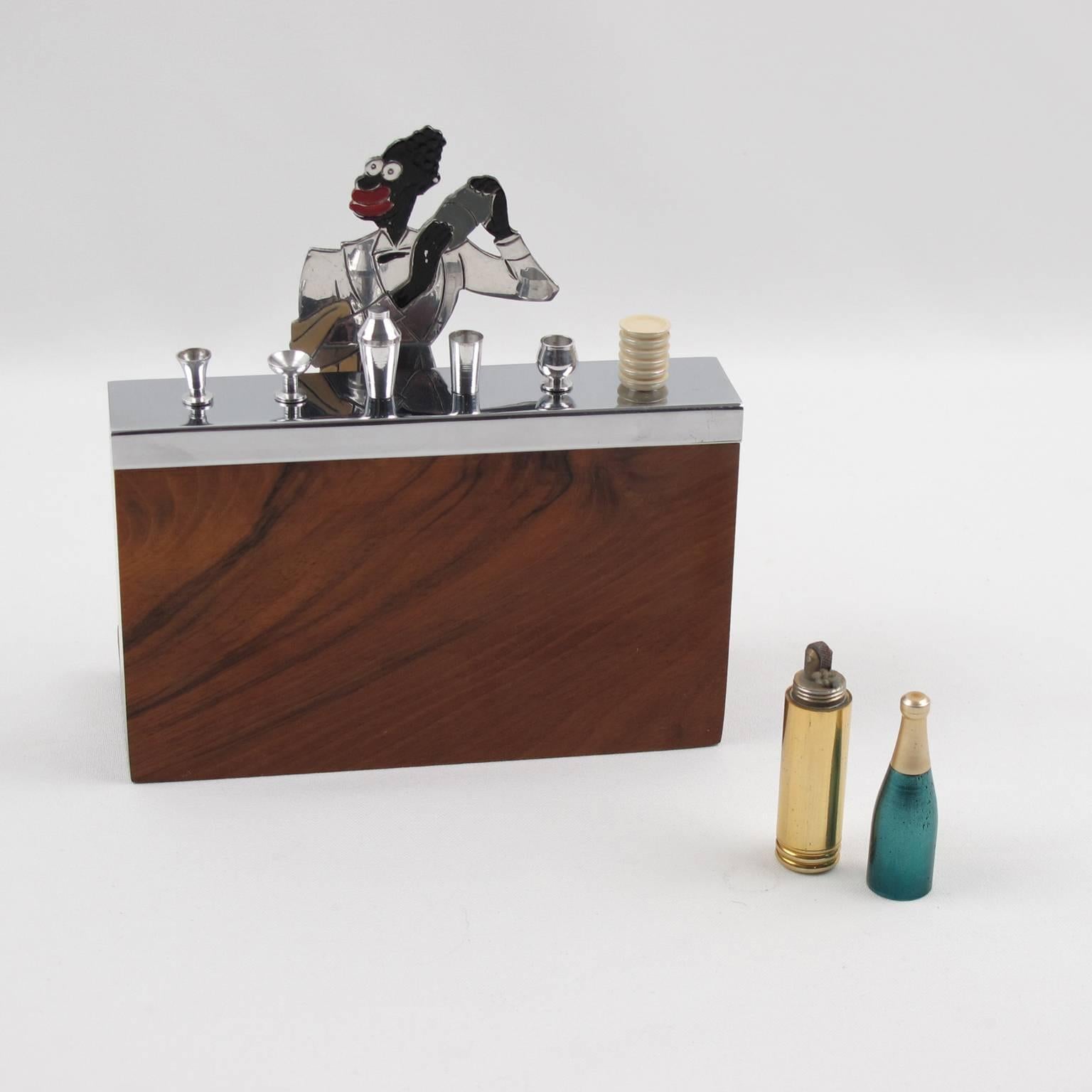 French Sudre 1930s Art Deco Miniature Bar with Bartender Cigarette Case Box 1
