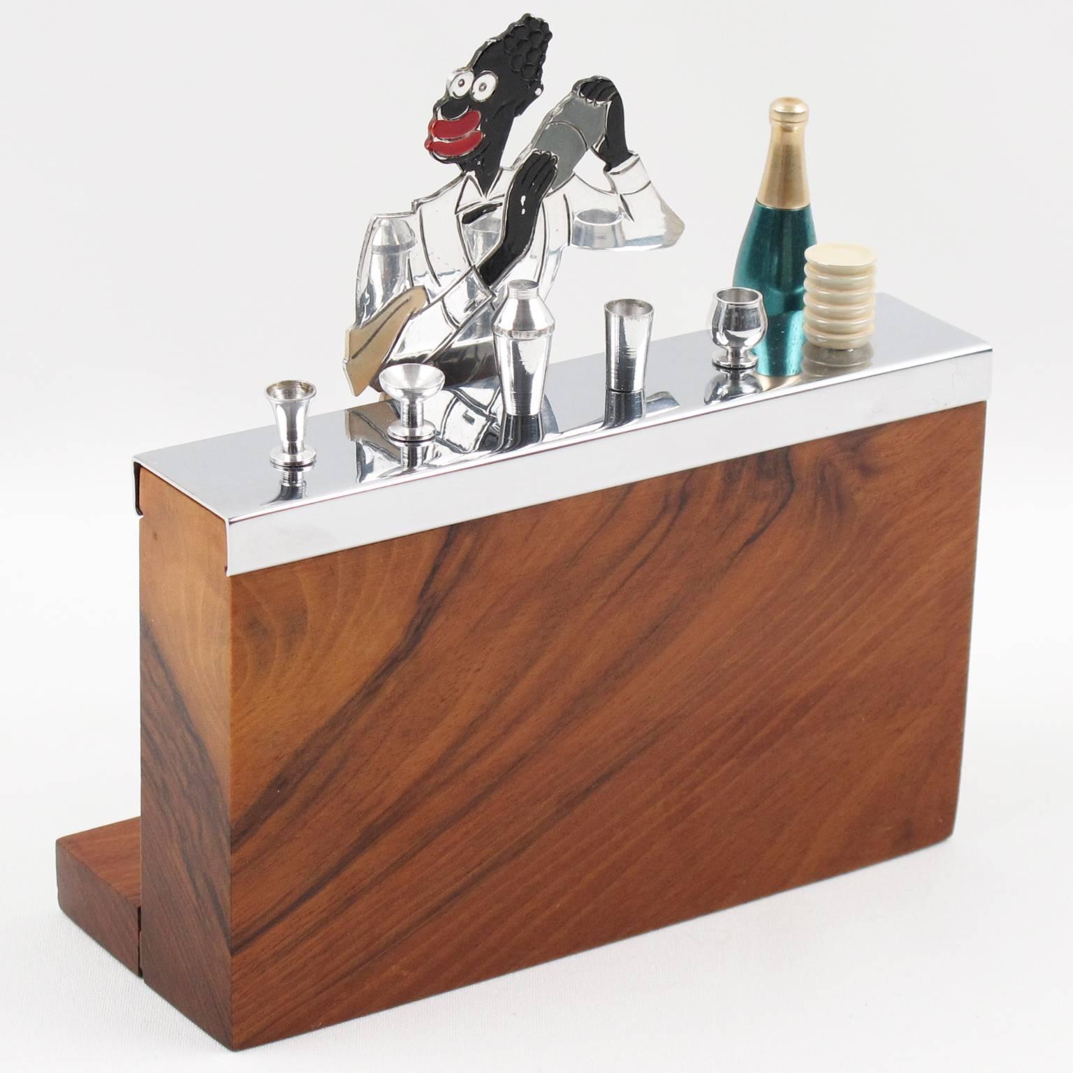 Rare French Art Deco cigarette case or box designed by Sudre for Cado. Featuring a dimensional miniature bar made of Macassar wood with polished chrome black bartender shaking a cocktail behind the bar. The top lid is made of chromed metal with a