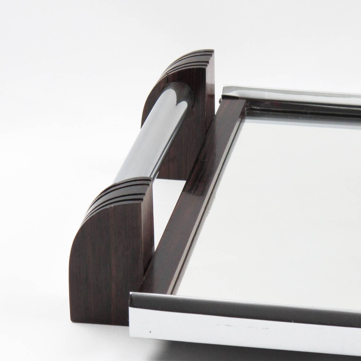 Mid-20th Century French Art Deco Chrome and Mirror Serving Tray with Macassar Wood Handles
