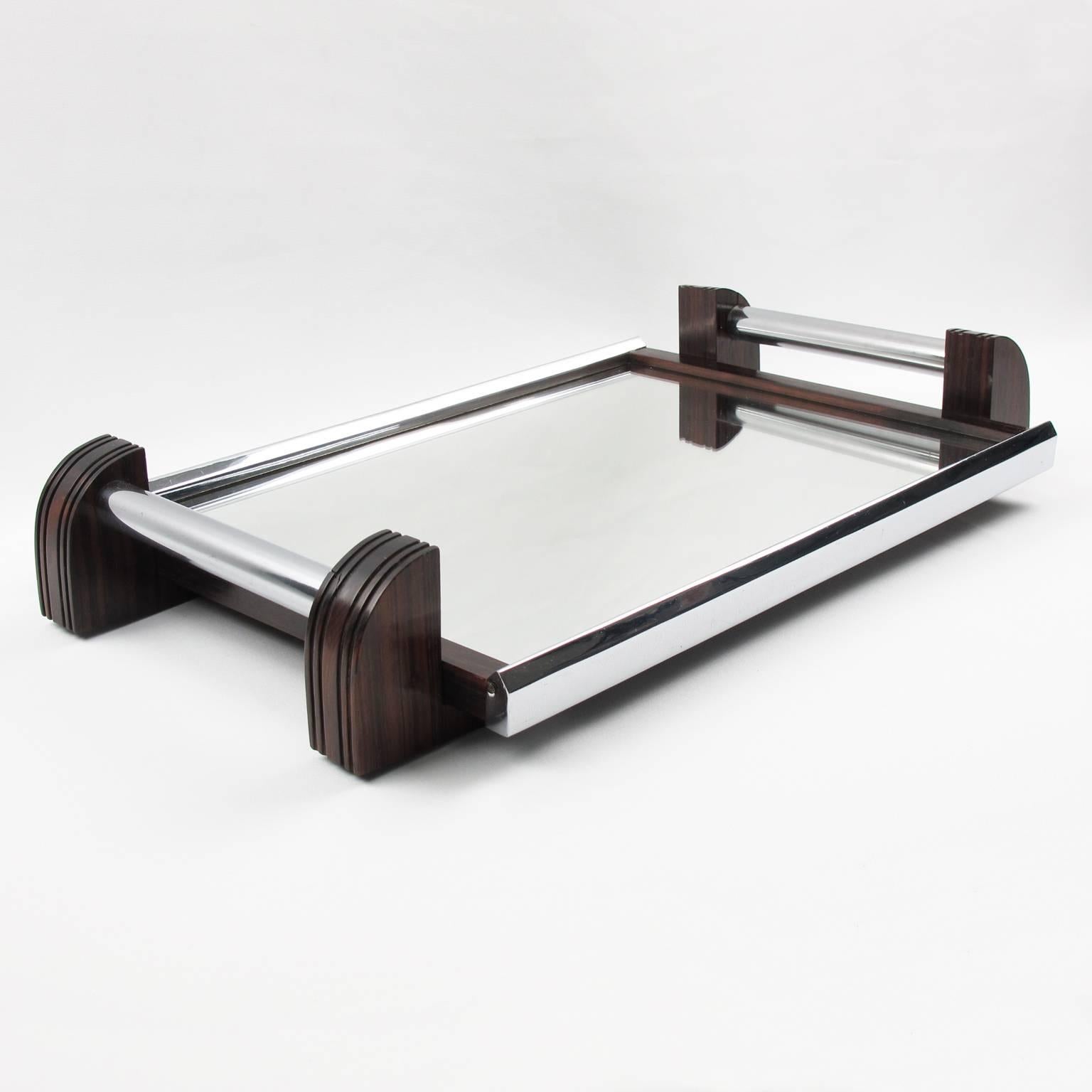 French Art Deco Chrome and Mirror Serving Tray with Macassar Wood Handles In Good Condition In Atlanta, GA