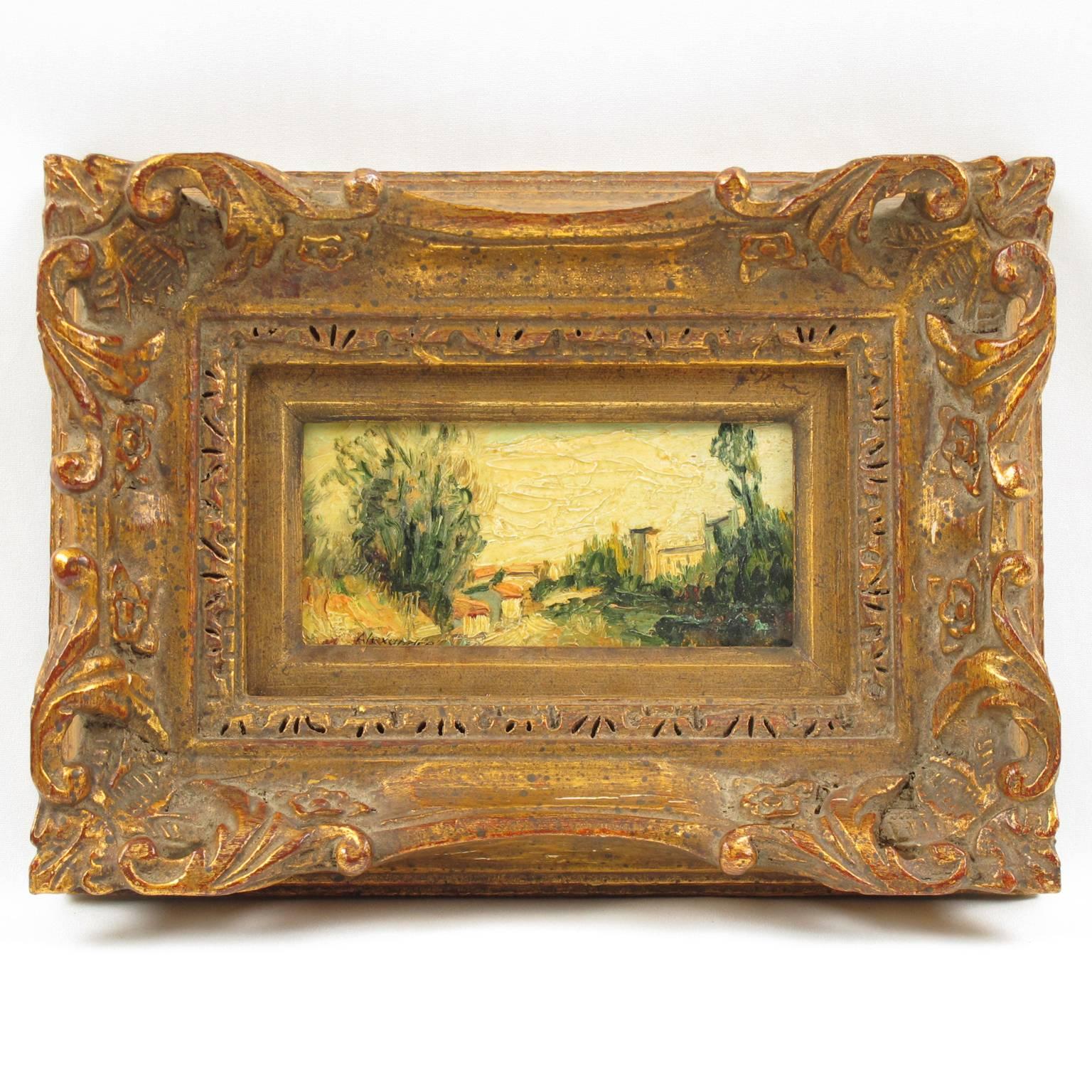 Lovely miniature painting mounted in a large detailed hand-carved gilt frame. Oil on wood panel depicting a Mediterranean landscape, probably in the south of France. Painting is signed lower left corner 'Alexandre'. Impressive large dimensional