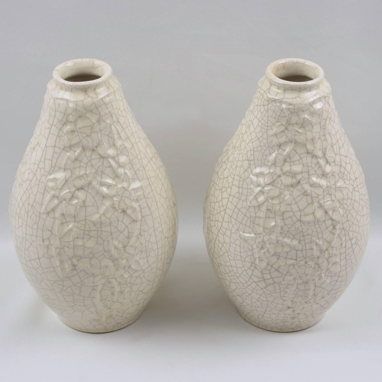Glazed A Pair of Saint Clement French Art Deco Crackle Ceramic Vase
