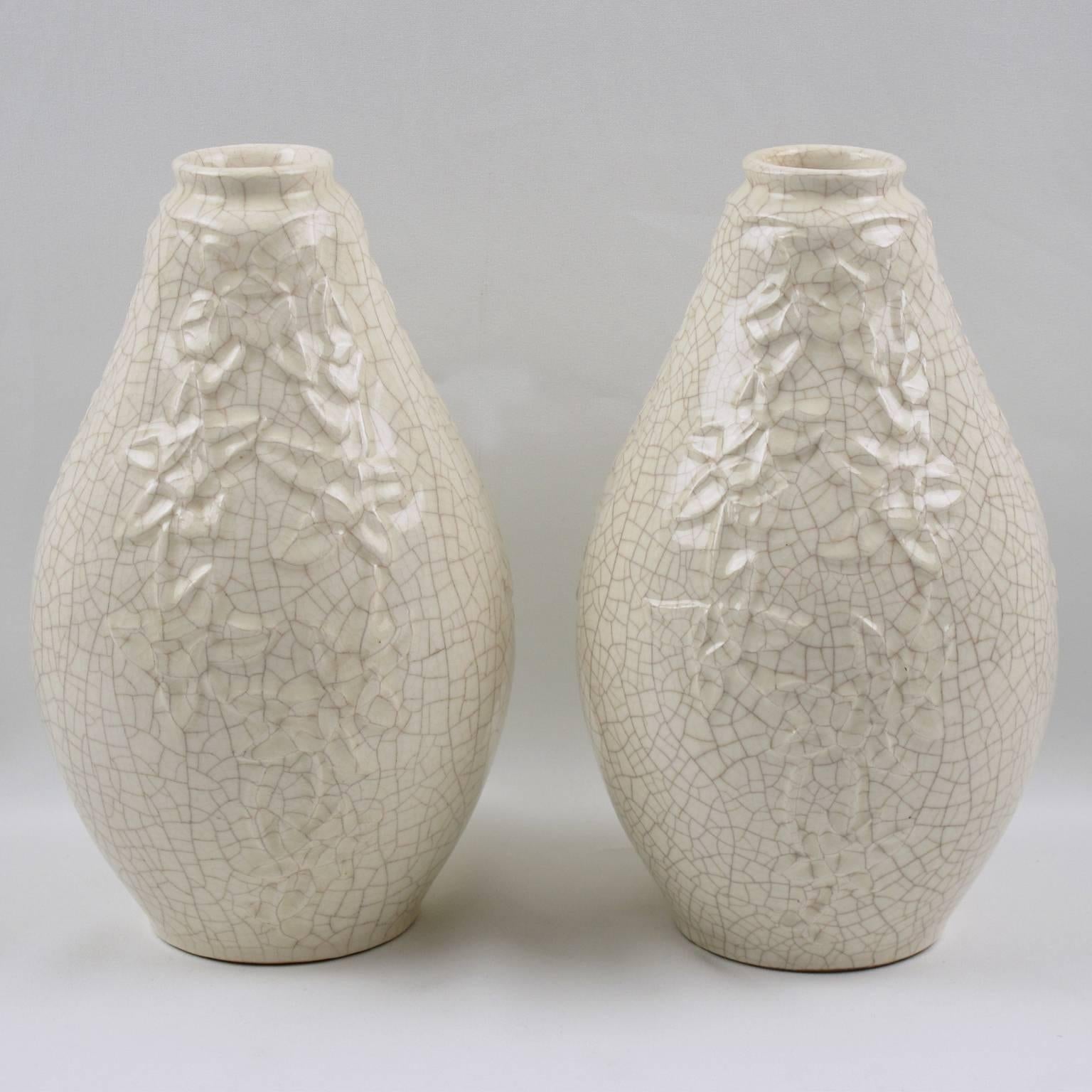 A Pair of Saint Clement French Art Deco Crackle Ceramic Vase In Excellent Condition In Atlanta, GA