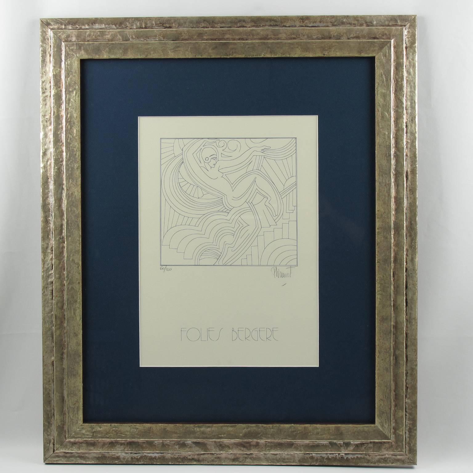 Limited edition blue ink lithograph by Patrick Lionnet, France, 1989. Featuring the iconic Art Deco design representing the engraving of the facade of the Folies Bergere in Paris, created in the 1930s by Maurice Picaud or Picauld, aka Pico.  Edition