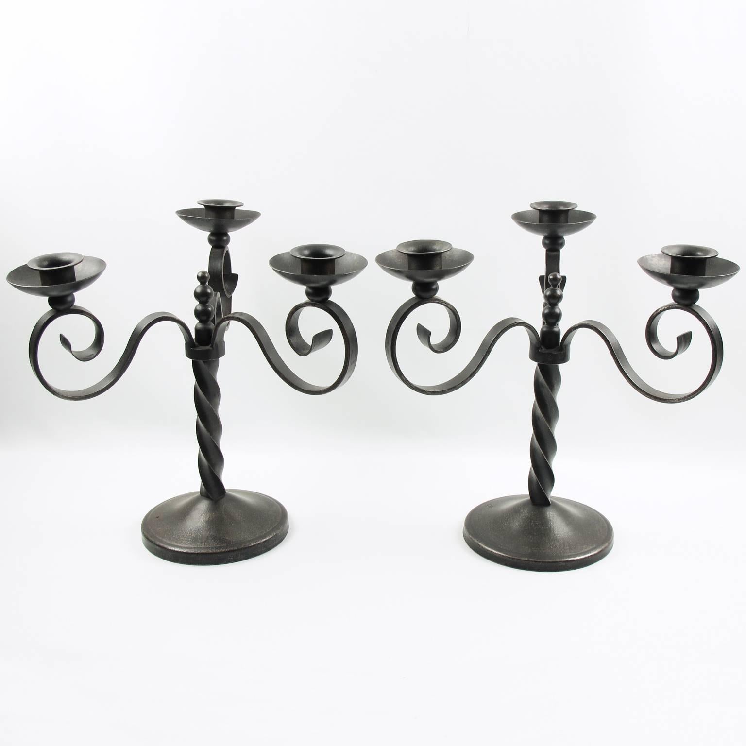 French Charles Piguet Pair of Wrought Iron Candelabra Candle-Holders 3