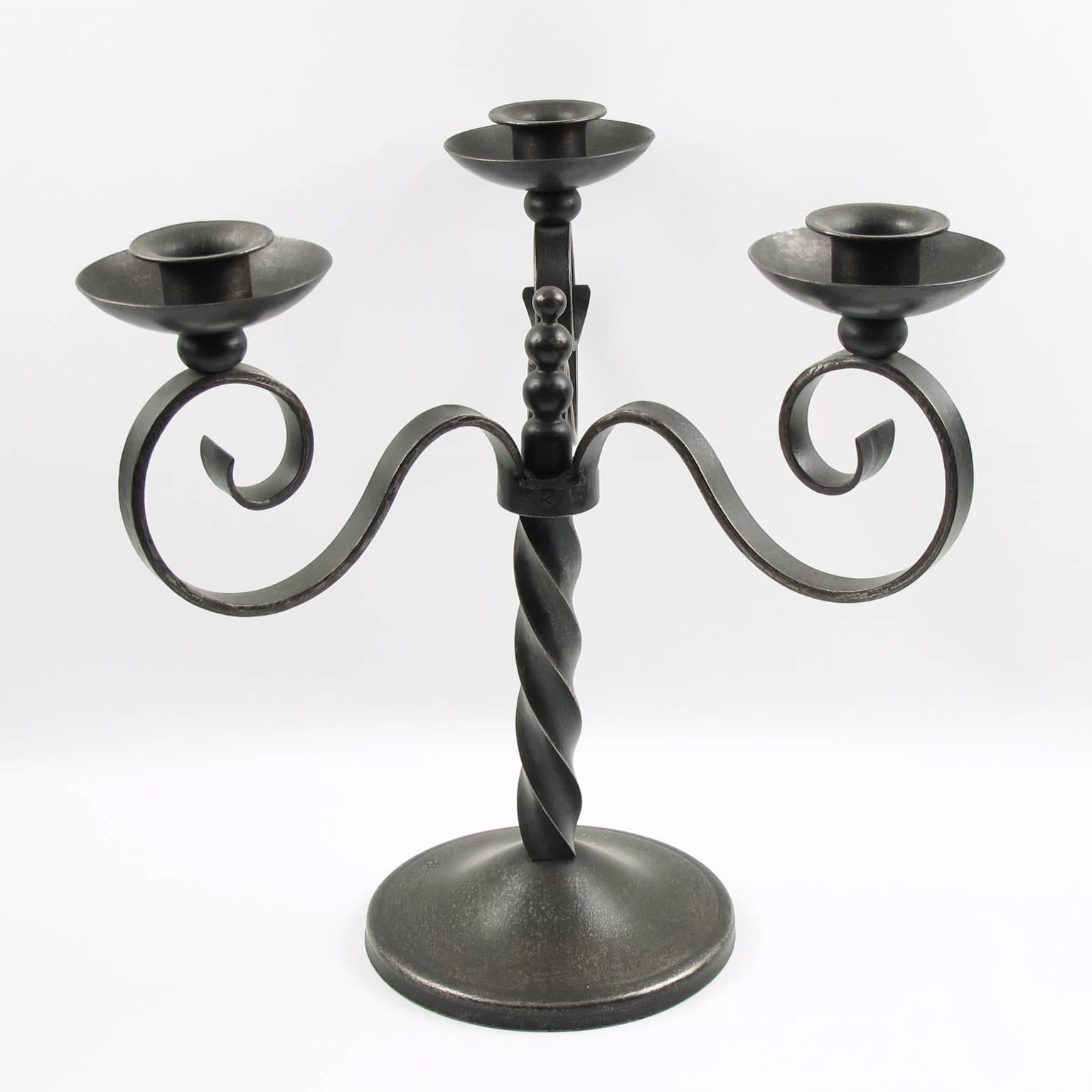 French Charles Piguet Pair of Wrought Iron Candelabra Candle-Holders In Excellent Condition In Atlanta, GA