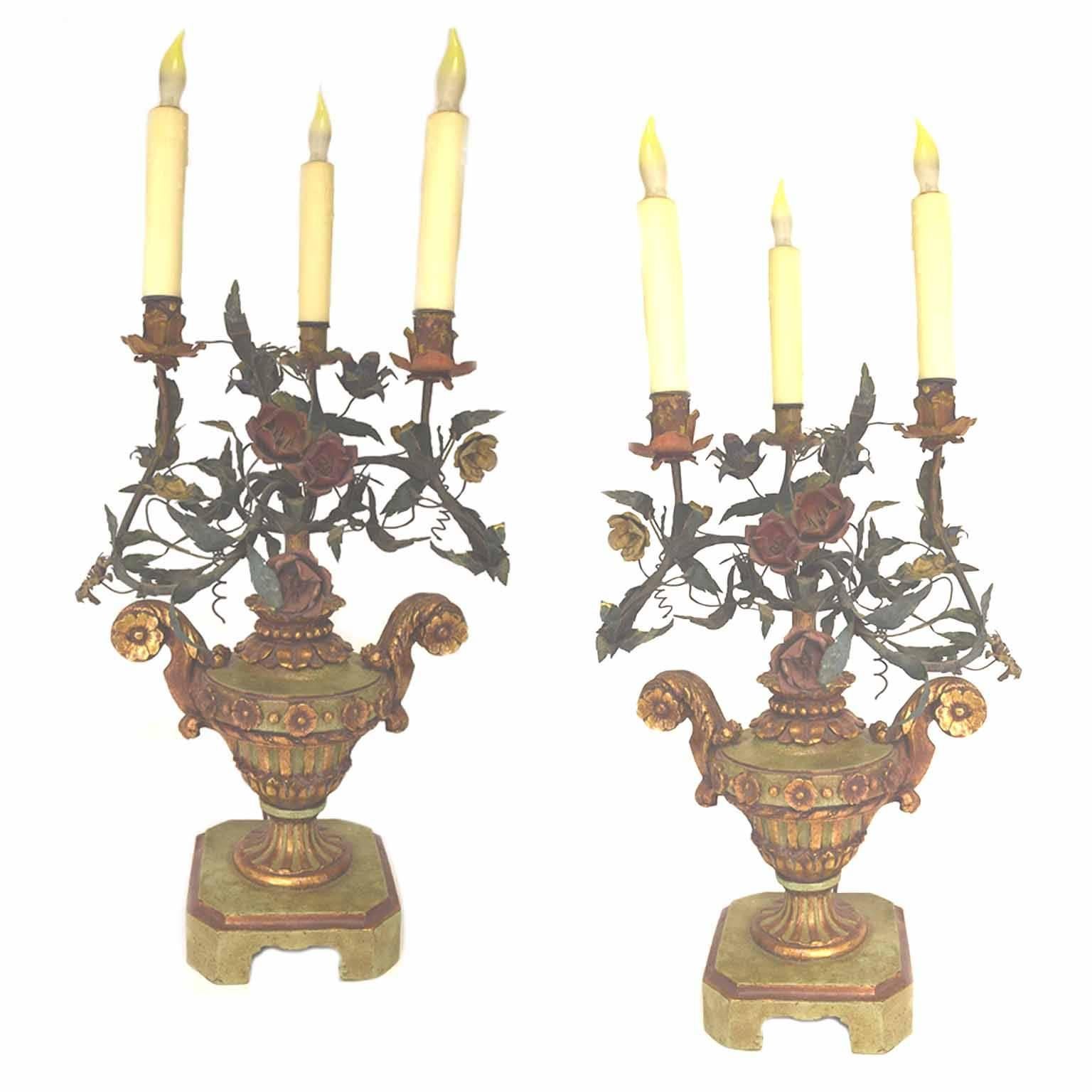 Antique Italian Tole and Floral Gilt Painted Carved Urn Electrified Candlesticks For Sale