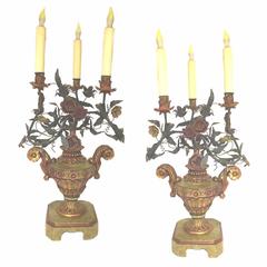 Antique Italian Tole and Floral Gilt Painted Carved Urn Electrified Candlesticks