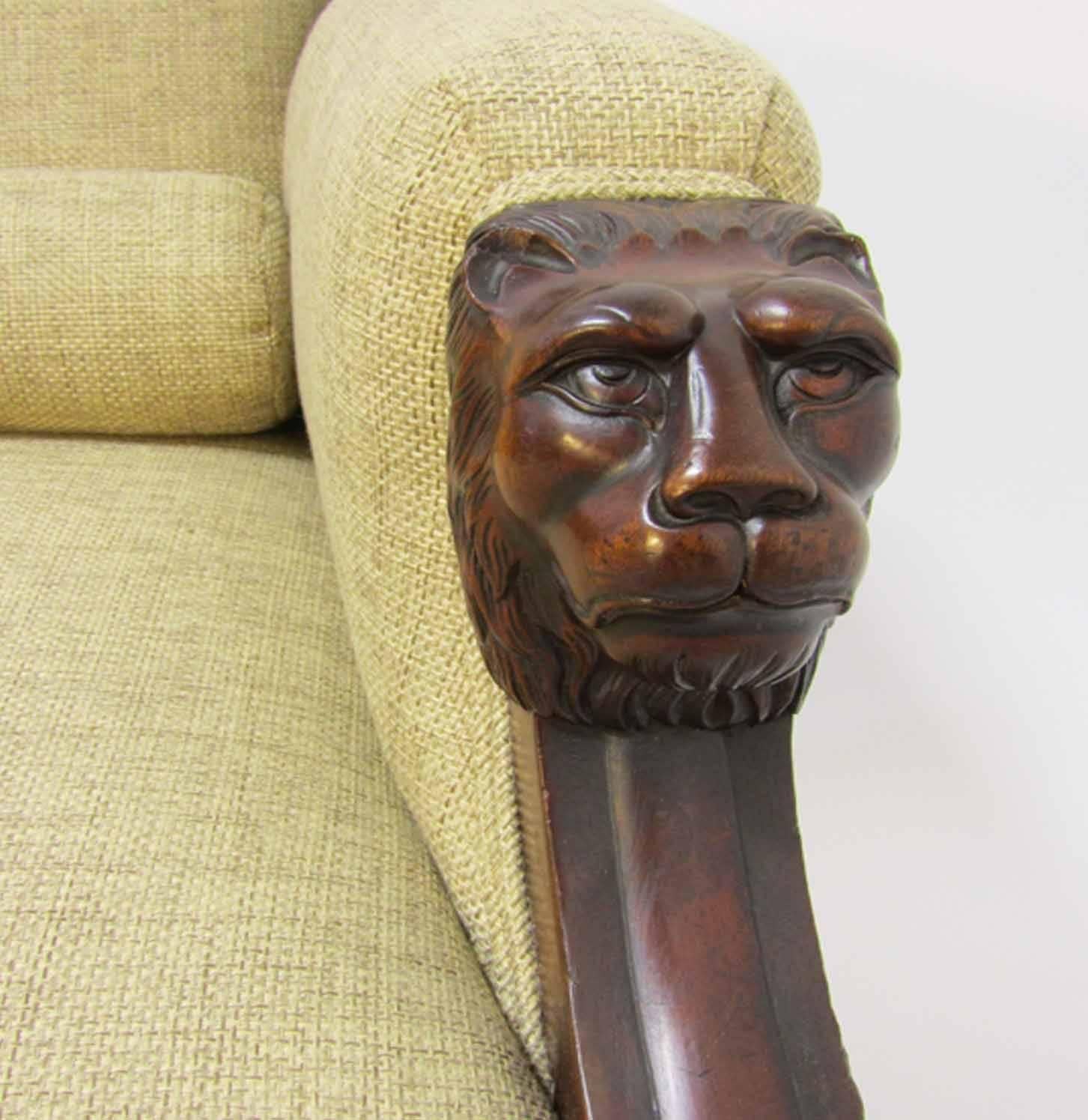 Early Victorian Fine Antique English Lion's Head Carved Mahogany Upholstered Bergere For Sale