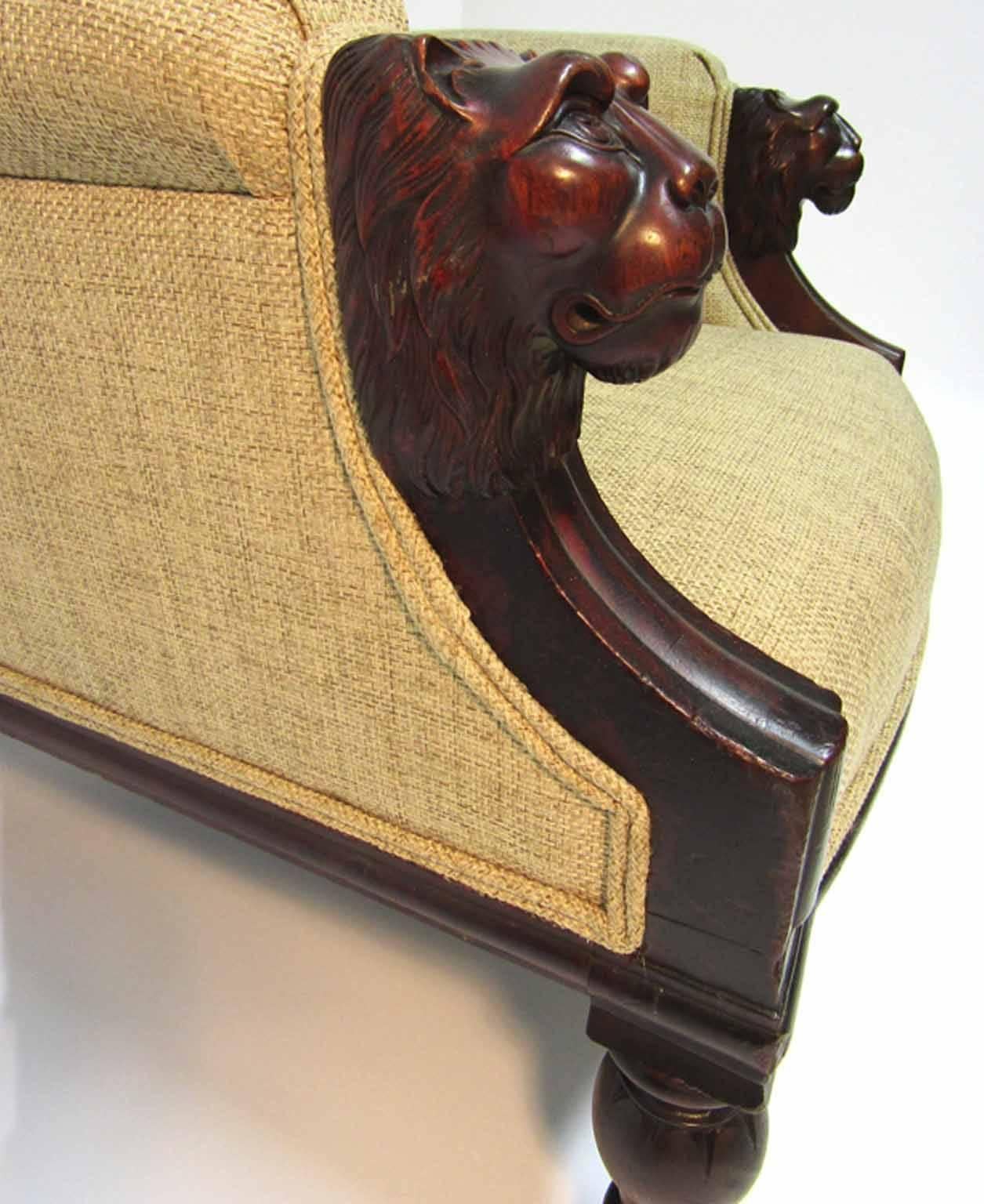 Mid-19th Century Fine Antique English Lion's Head Carved Mahogany Upholstered Bergere For Sale