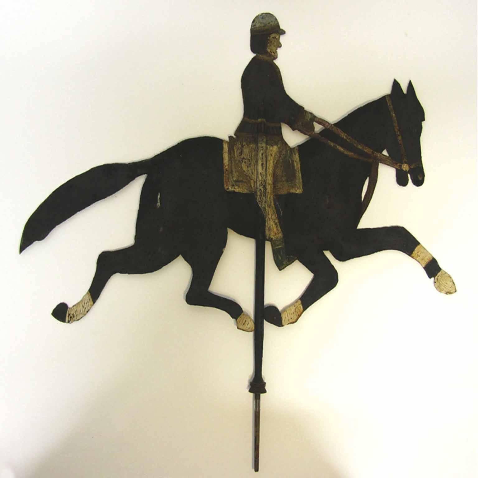 American Colonial Arare American Polychrome Painted Sheet Metal Horse and Rider Weather Vane For Sale
