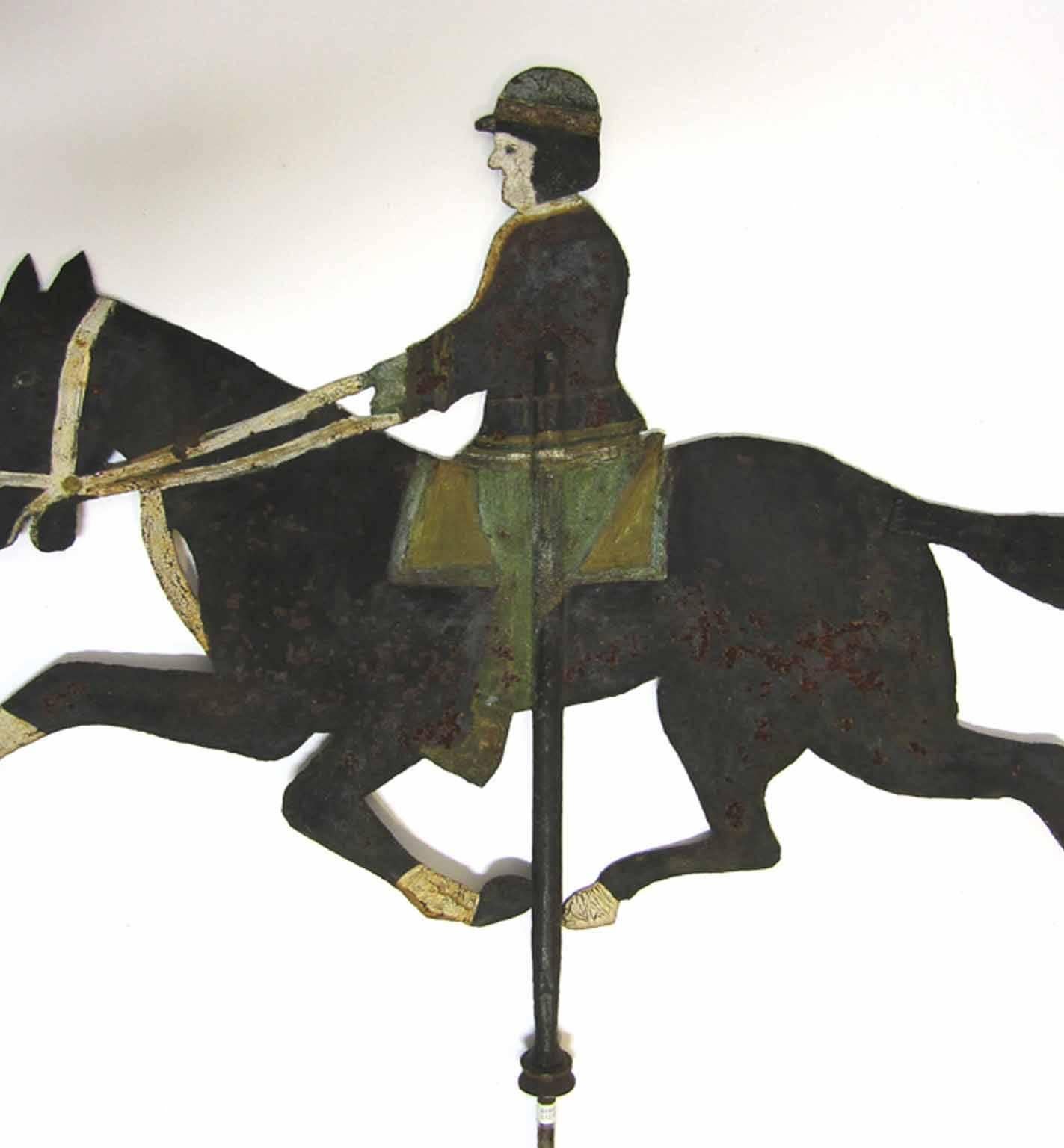 Arare American Polychrome Painted Sheet Metal Horse and Rider Weather Vane In Good Condition For Sale In Houston, TX