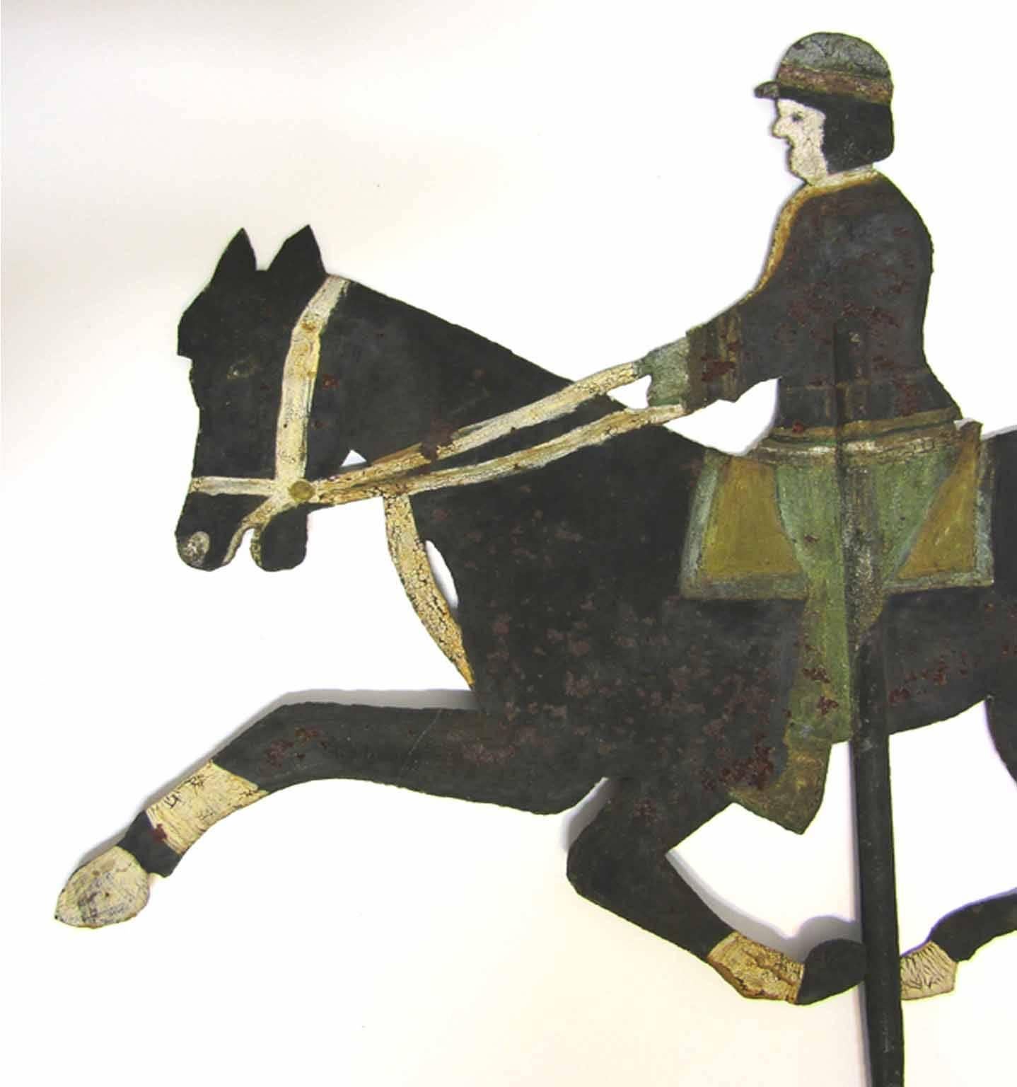 19th Century Arare American Polychrome Painted Sheet Metal Horse and Rider Weather Vane For Sale