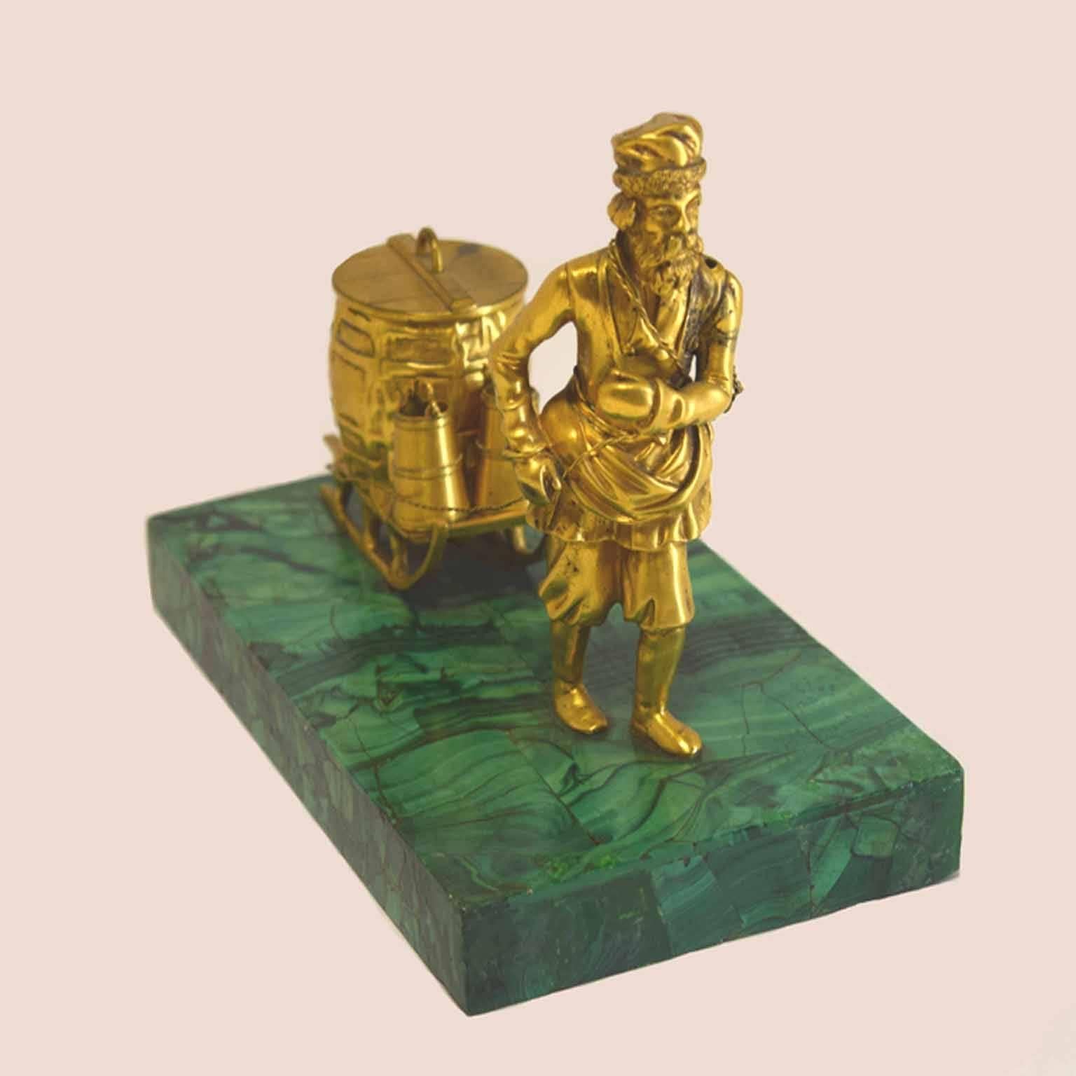 Baltic Russian Bronze Doré and Malachite Figural Inkwell, Mid-19th Century For Sale