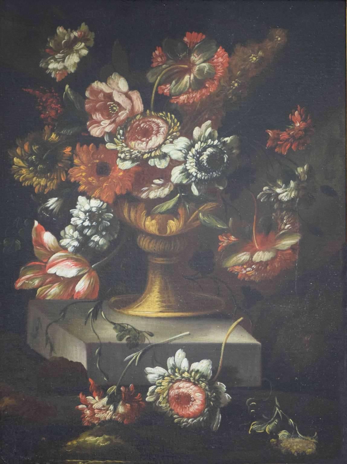 Flemish 18th century still life paintings each depicting an urn filled with a profusion of summer flowers tin include: Dutch tulip sulphur rose, peony, iris, meadowsweet, opium poppy, rhododendron, stock, heather, etc. both overflowing onto a ledge